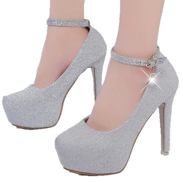Damen Glitzernde Plateau-Pumps mit Feinem Riemchen und Elegantem Schmuckdetail R&B
