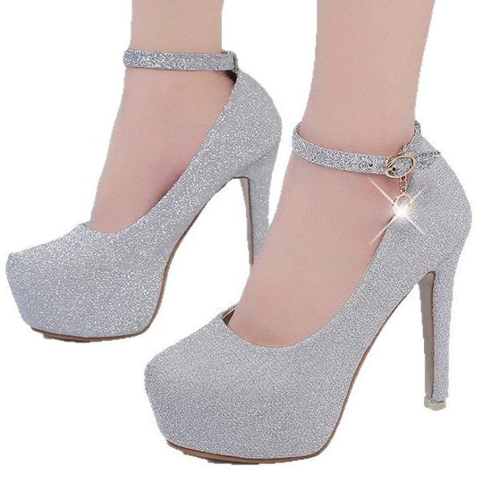 Damen Glitzernde Plateau-Pumps mit Feinem Riemchen und Elegantem Schmuckdetail R&B