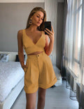 Damen trendiges Zweiteiler-Set mit tiefem V-Ausschnitt und weiten Shorts R&B