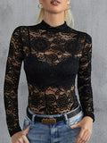 Damen nan figurbetontes Spitzen-Longsleeve mit Stehkragen und floralem Ajour-Muster R&B