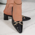 Damen elegante Mules mit Krokoprägung und dekorativen Schnallen R&B