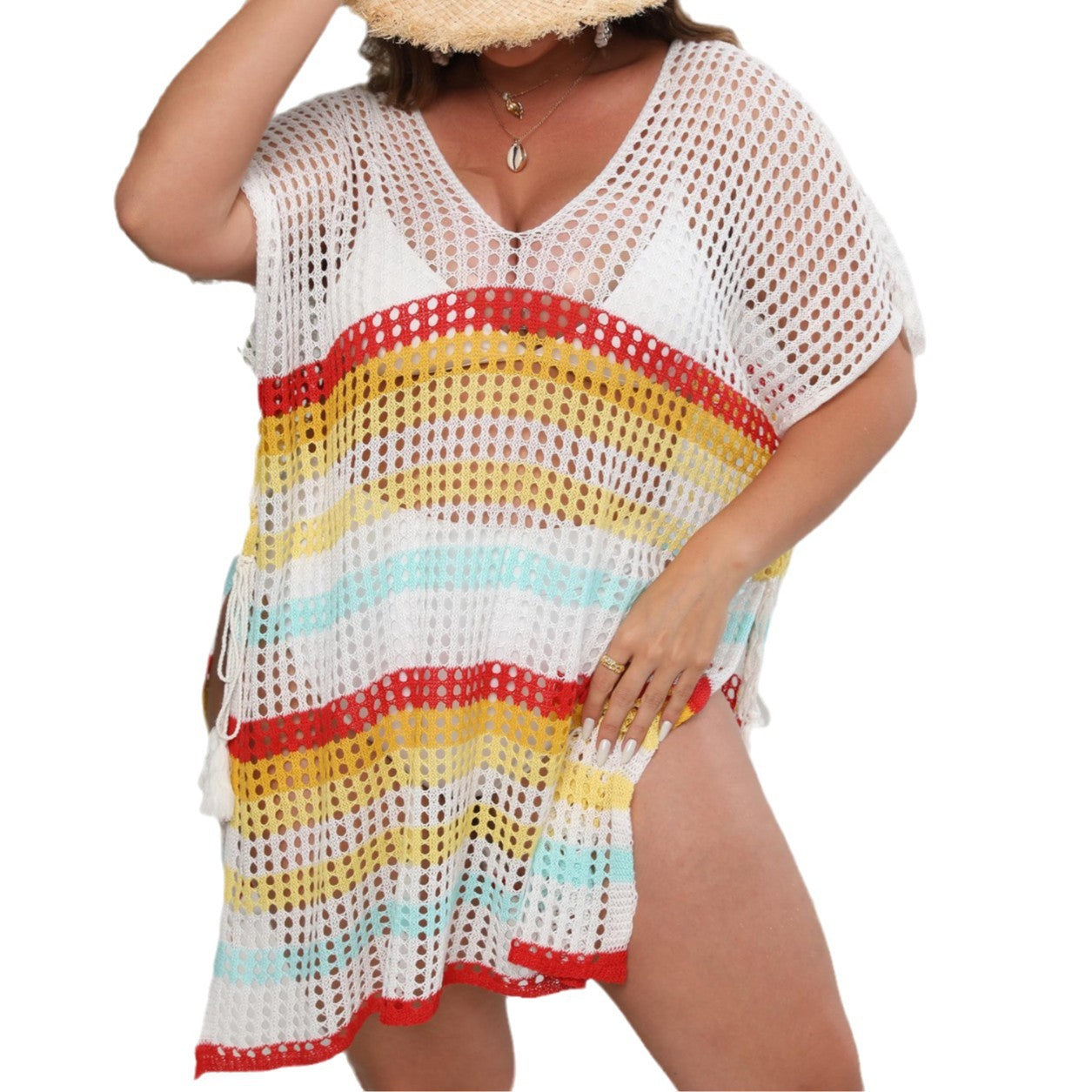 Damen luftiger Strandüberwurf mit buntem Lochdesign R&B