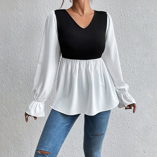 Damen elegantes Oberteil mit asymmetrischem V-Ausschnitt und Puffärmeln R&B