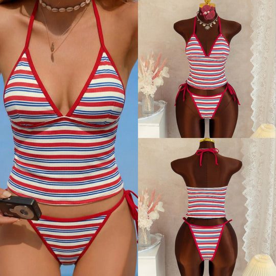 Damen Hochgeschnittener Streifen-Bikini mit verstellbaren Bändern R&B