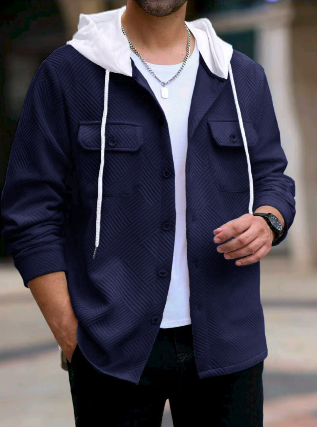Herren lässige Utility-Jacke mit Kapuze und strukturiertem Muster