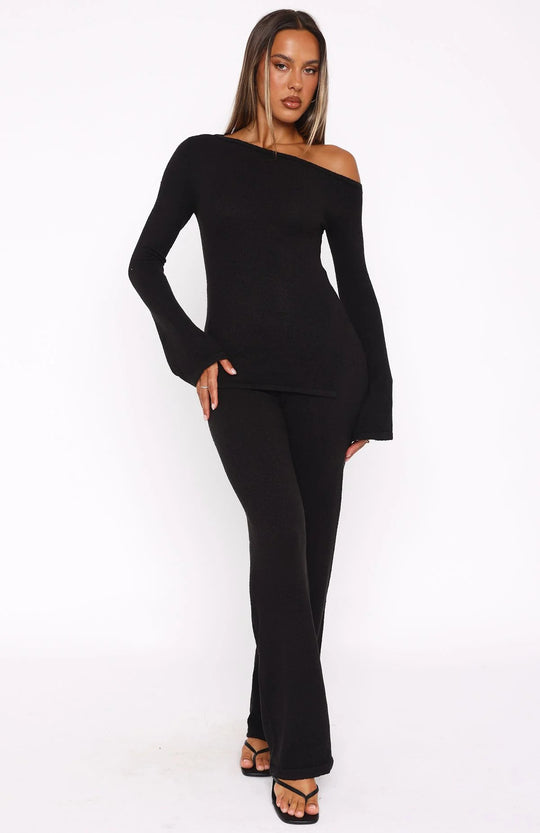 Damen elegantes Strick-Set mit Off-Shoulder-Oberteil und weiter Hose R&B