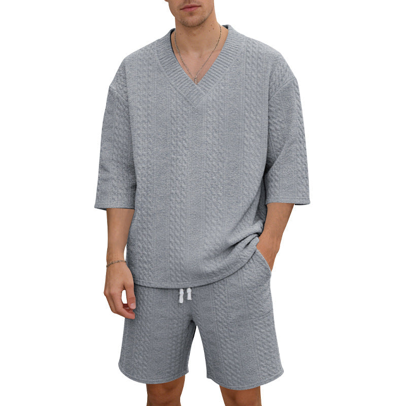 Unisex nan lässiges Lounge-Set mit V-Ausschnitt-Oberteil und Kordelbund-Shorts R&B