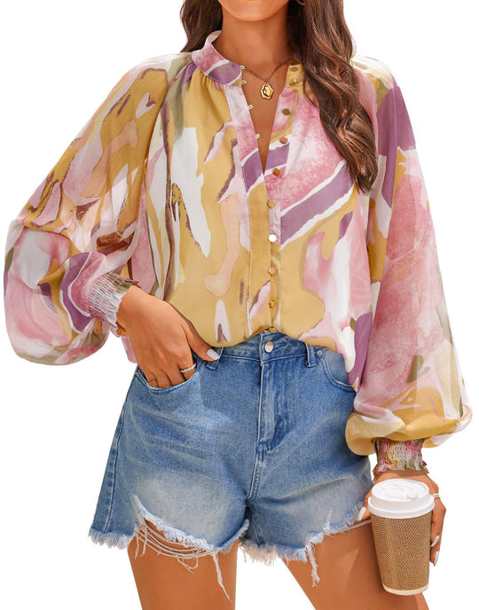 Damen Bluse mit kunstvollem Druck und geschöpften Ärmeln R&B