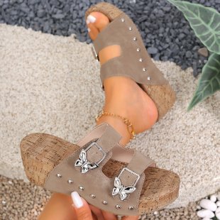 Damen Wedge-Pantoletten mit dekorativen Schnallen und Korkabsatz R&B