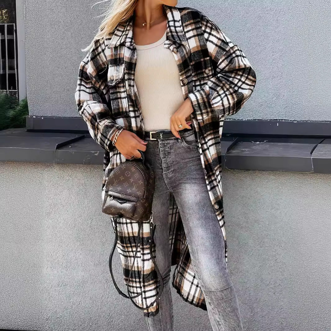 Damen lässige Karo-Hemdjacke mit asymmetrischem Schnitt und Taschen