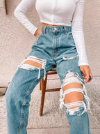 Damen Hochtaillierte Ripped Jeans mit fransigen Details R&B