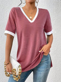 Damen V-Ausschnitt T-Shirt mit modischen Akzenten und bequemen Schnitt R&B