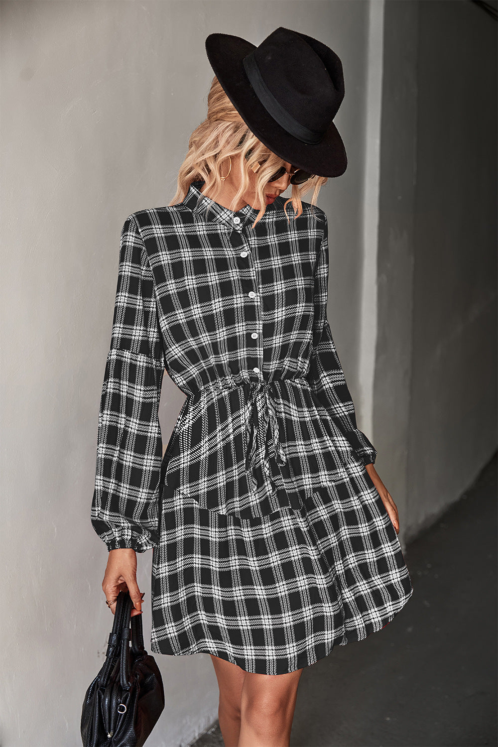 Damen Hemdblusenkleid mit verstellbarem Taillengürtel und kariertem Design R&B