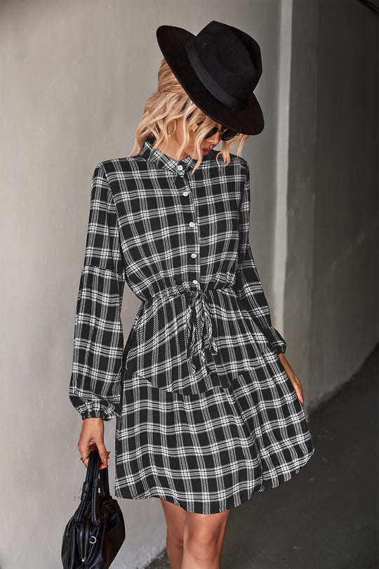 Damen Hemdblusenkleid mit verstellbarem Taillengürtel und kariertem Design R&B