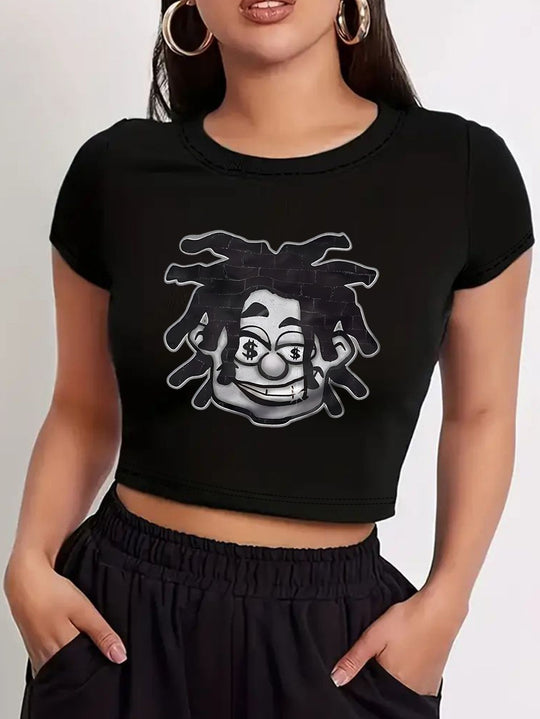 Damen Crop-Top mit kreativem Grafikdesign und modernem Schriftzug R&B
