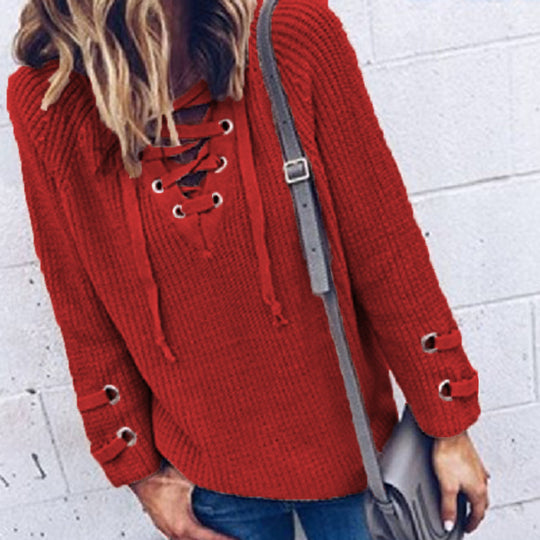 Damen Strickpullover mit dekorativem Schnürdesign und komfortablem Schnitt R&B