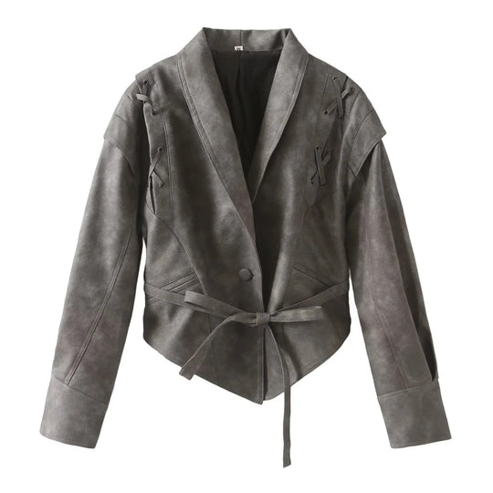 Damen Kunstlederblazer im modernem Design mit praktischem Gürtel R&B