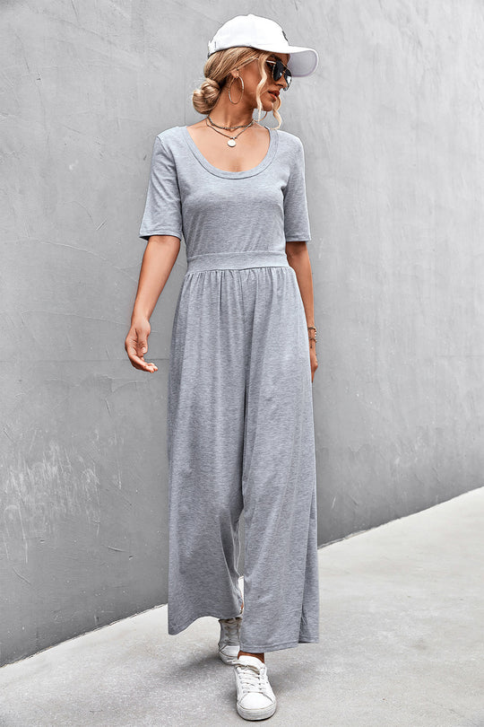 Damen Jumpsuit mit weitem Bein und elegantem Rundhalsausschnitt R&B