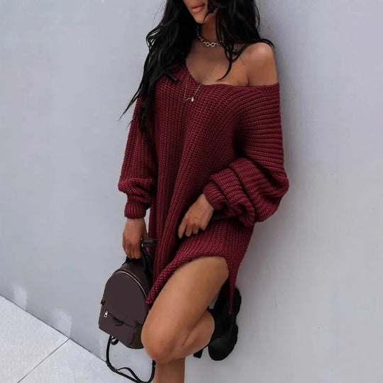 Damen lässiger Strickpullover mit tiefem V-Ausschnitt und ballonförmigen Ärmeln R&B