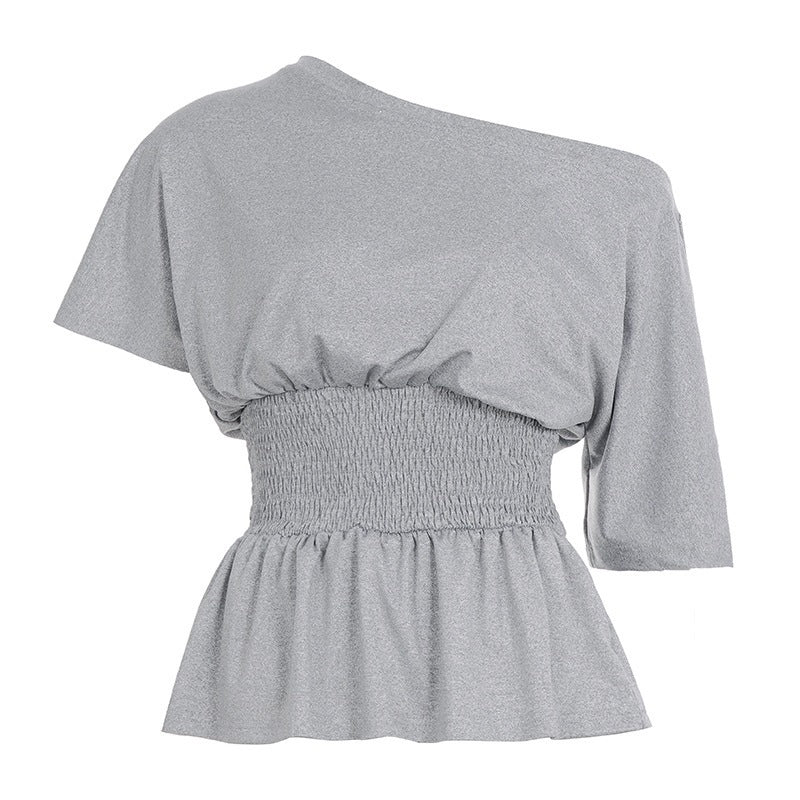 Damen asymmetrisches Oberteil mit großzügigem Rüschensaum und Gummizug R&B