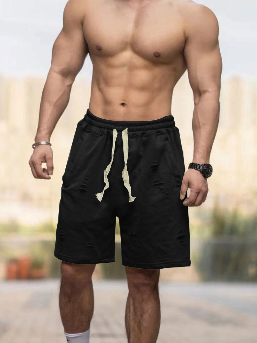 Herren nan lässige Sweatshorts mit elastischem Tunnelzugbund Eingrifftaschen und Used-Optik R&B
