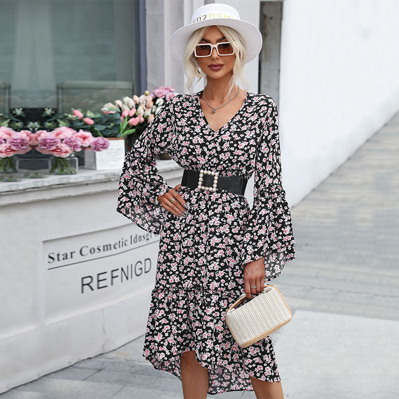 Damen Maxi-Kleid mit voluminösen Ärmeln und floralem Taillenbund R&B