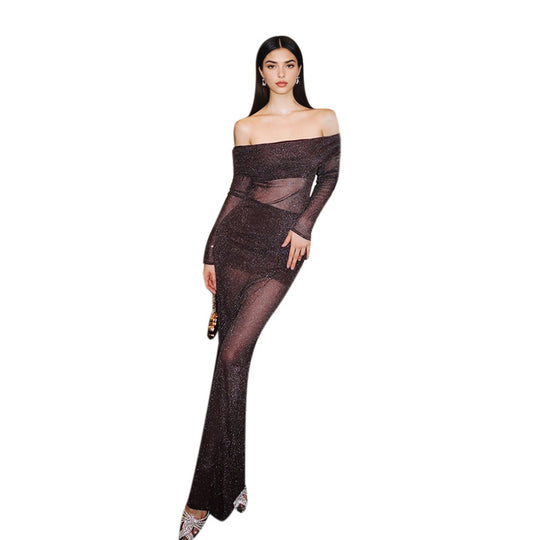 Damen elegantes schulterfreies Maxikleid mit Rüschendetails R&B