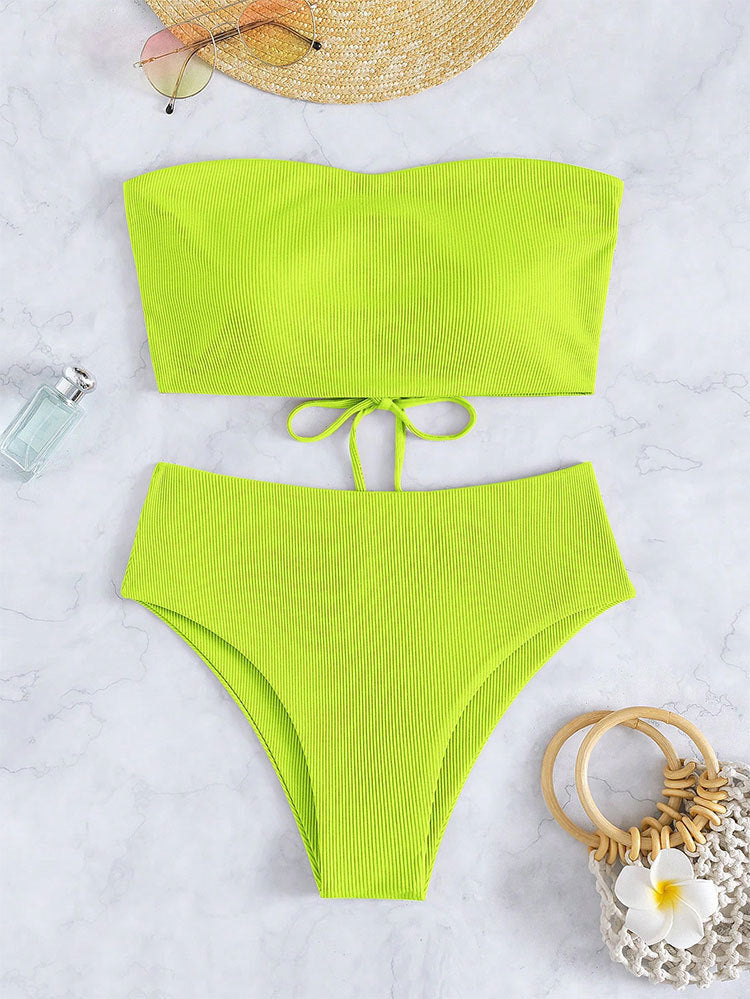 Damen Bandeau-Bikini mit hohem Bund und feinen Streifen R&B