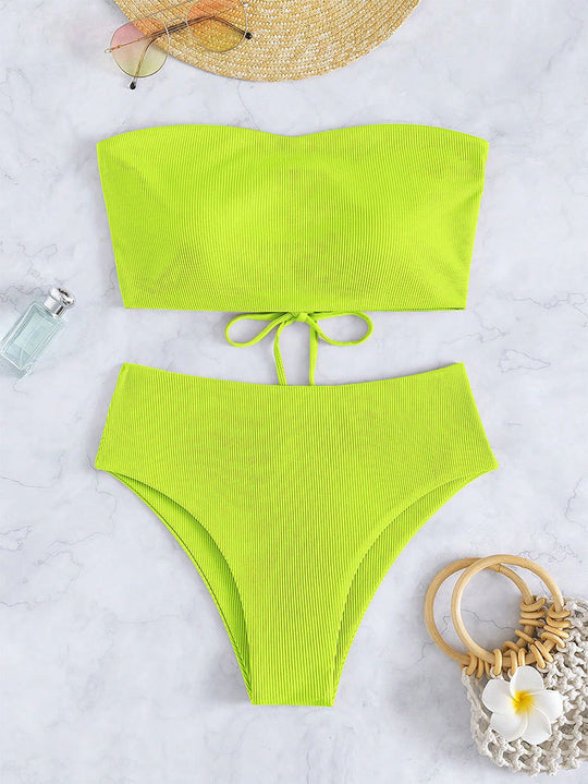 Damen Bandeau-Bikini mit hohem Bund und feinen Streifen R&B
