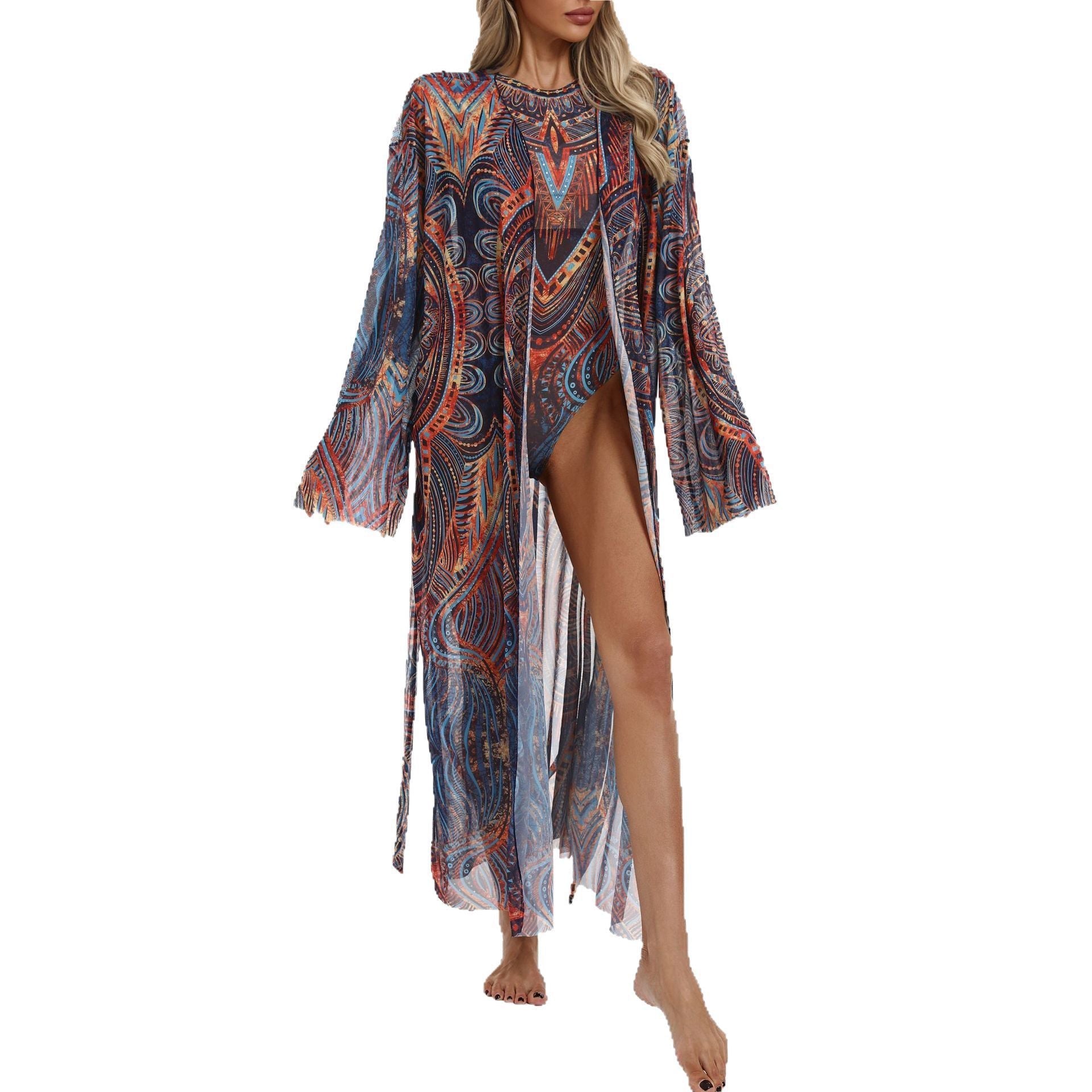 Damen Transparenter Strandkimono mit floralen Mustern R&B