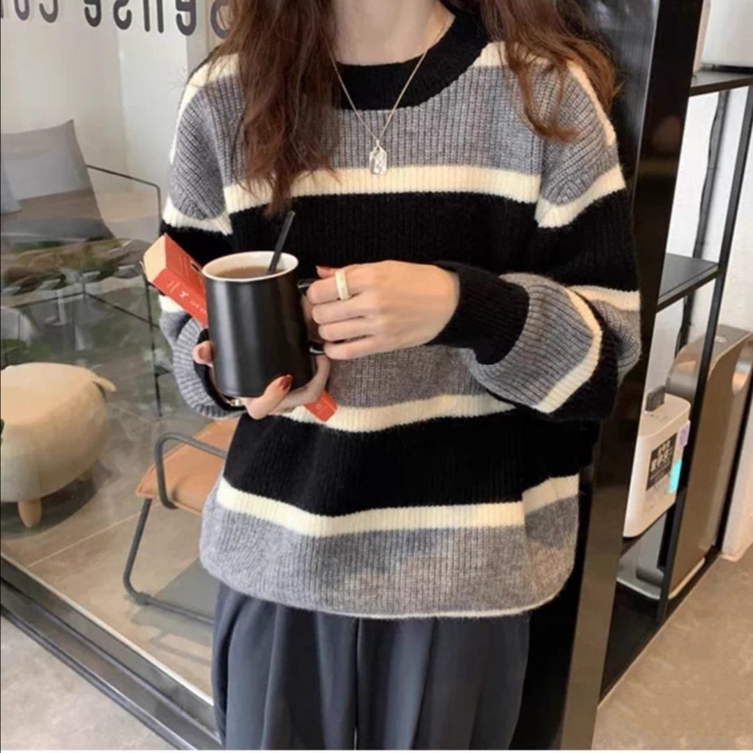 Damen Grob gestrickter Pullover mit Blockstreifenmuster und lässigem Schnitt