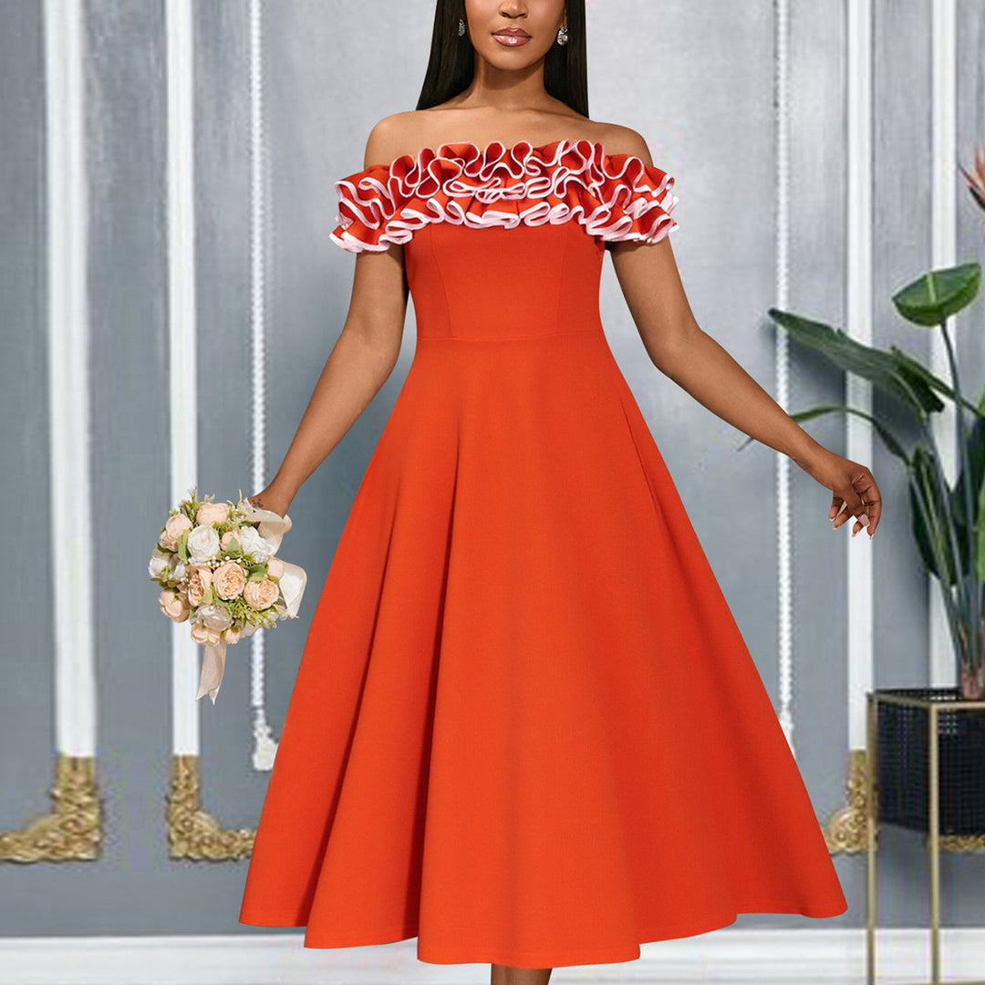Damen A-Linien Abendkleid mit Off-Shoulder Rüsche R&B