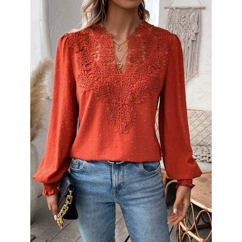 Damen Bluse mit gesticktem V-Ausschnitt und langen Ärmeln R&B