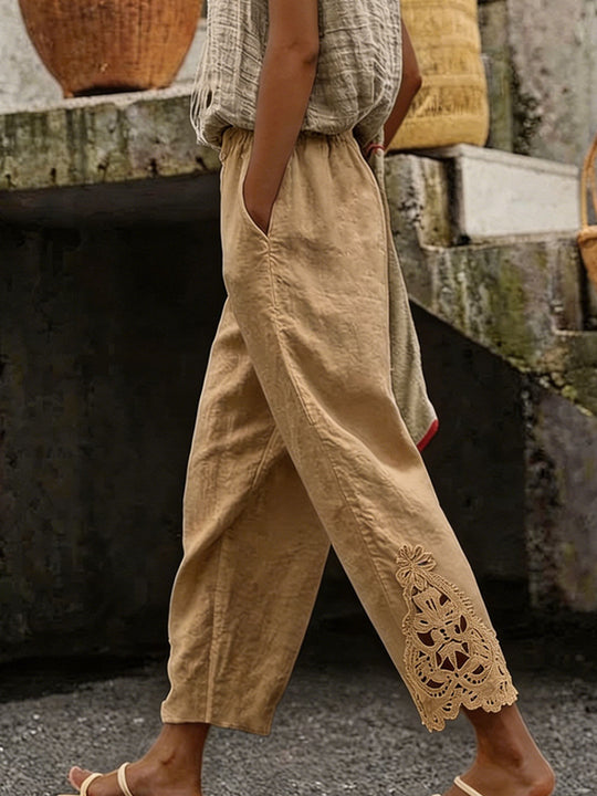 Damen Elegante Leinenhose mit exquisitem Spitzenbesatz R&B