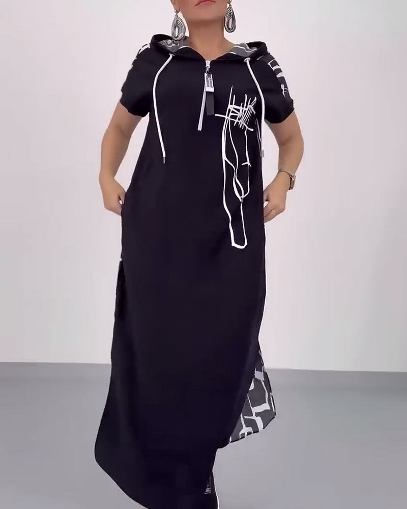 Damen nan urbanes Kapuzen‑Kaftankleid in lockerem Fall mit kurzärmeligem Schnitt und abstraktem Grafikmuster R&B