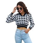 Damen Cropped Pullover mit klassischem Hahnentrittmuster und Polo-Kragen R&B