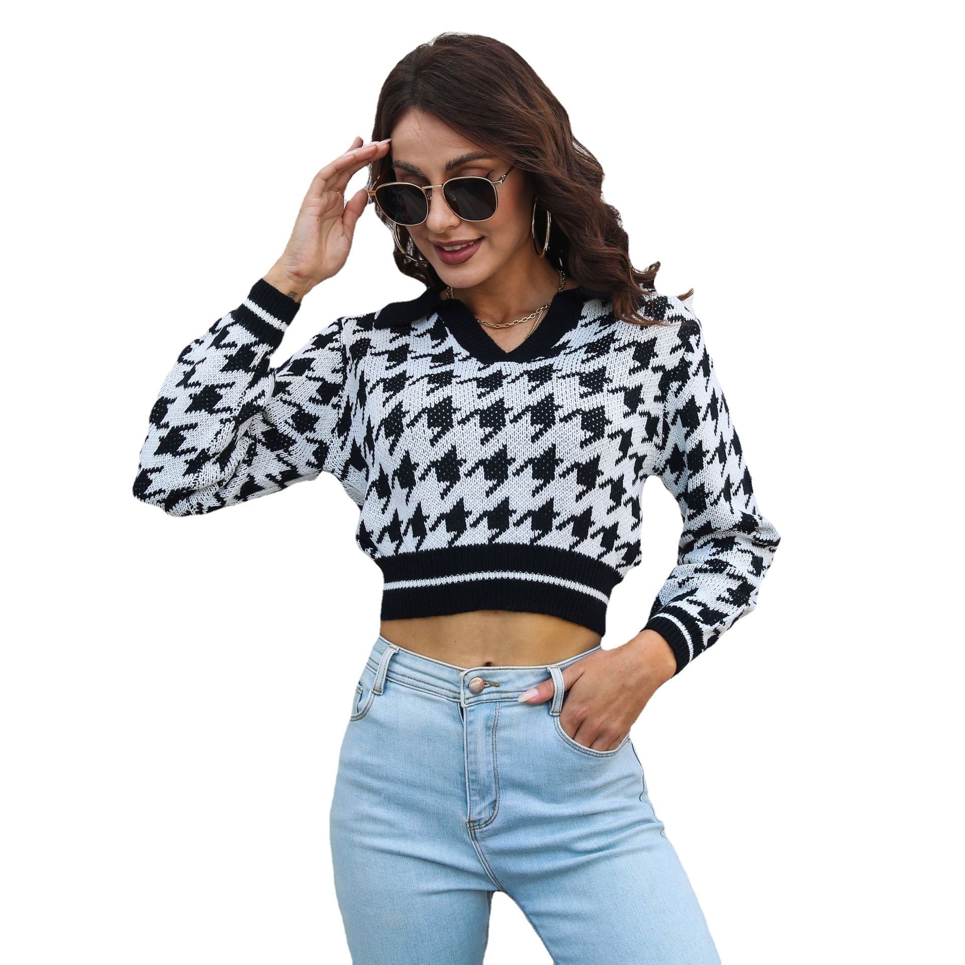 Damen Cropped Pullover mit klassischem Hahnentrittmuster und Polo-Kragen R&B
