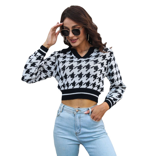 Damen Cropped Pullover mit klassischem Hahnentrittmuster und Polo-Kragen R&B