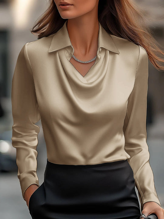 Damen Seidene Bluse mit schickem Wasserfall-Ausschnitt und lange Ärmel R&B