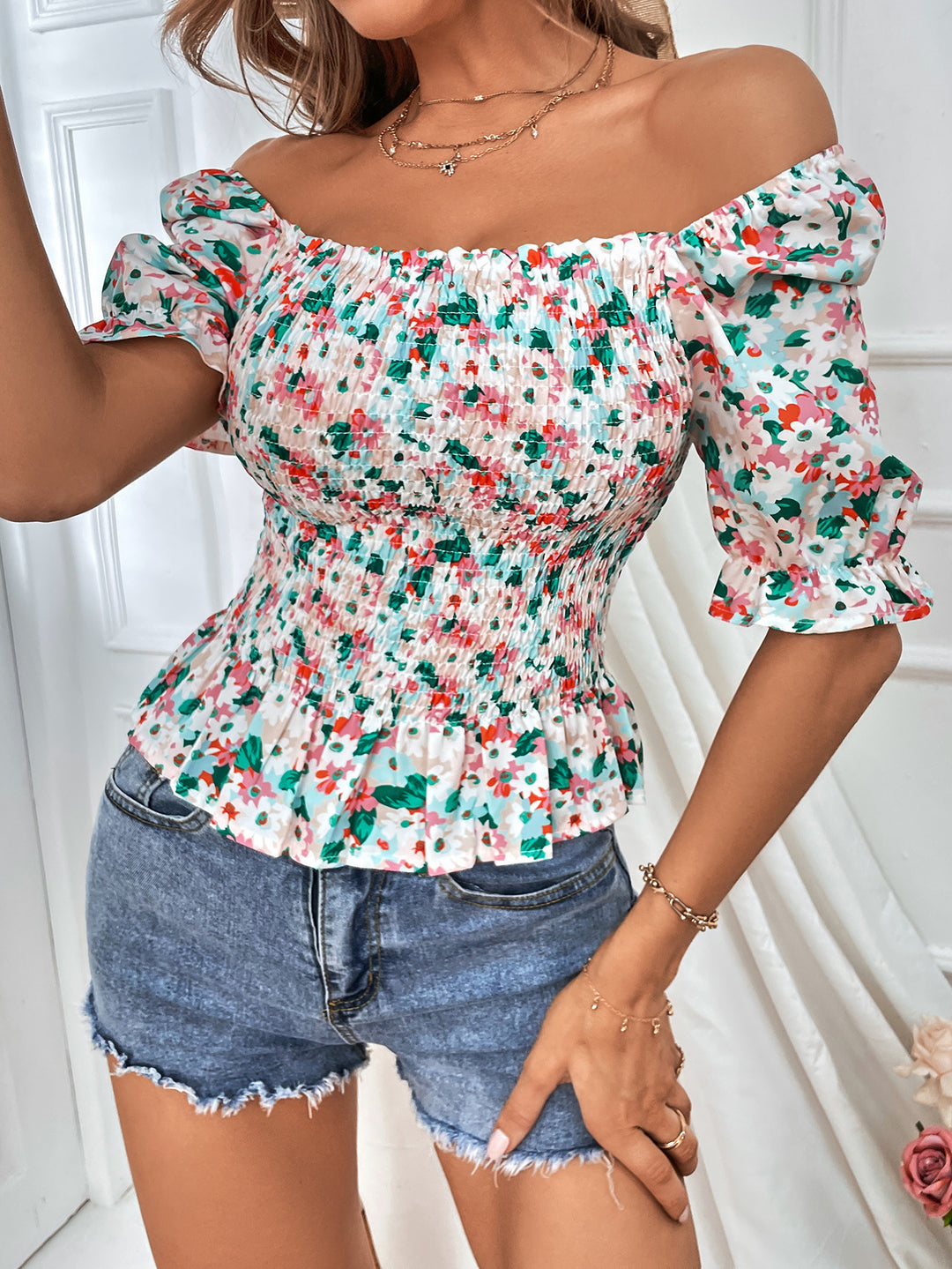 Damen Rüschentop mit Blumenmuster und schulterfreiem Design R&B