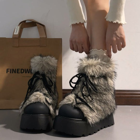 Damen Winterliche Schnür-Boots mit modischem Fellkragen und rutschfester Sohle R&B