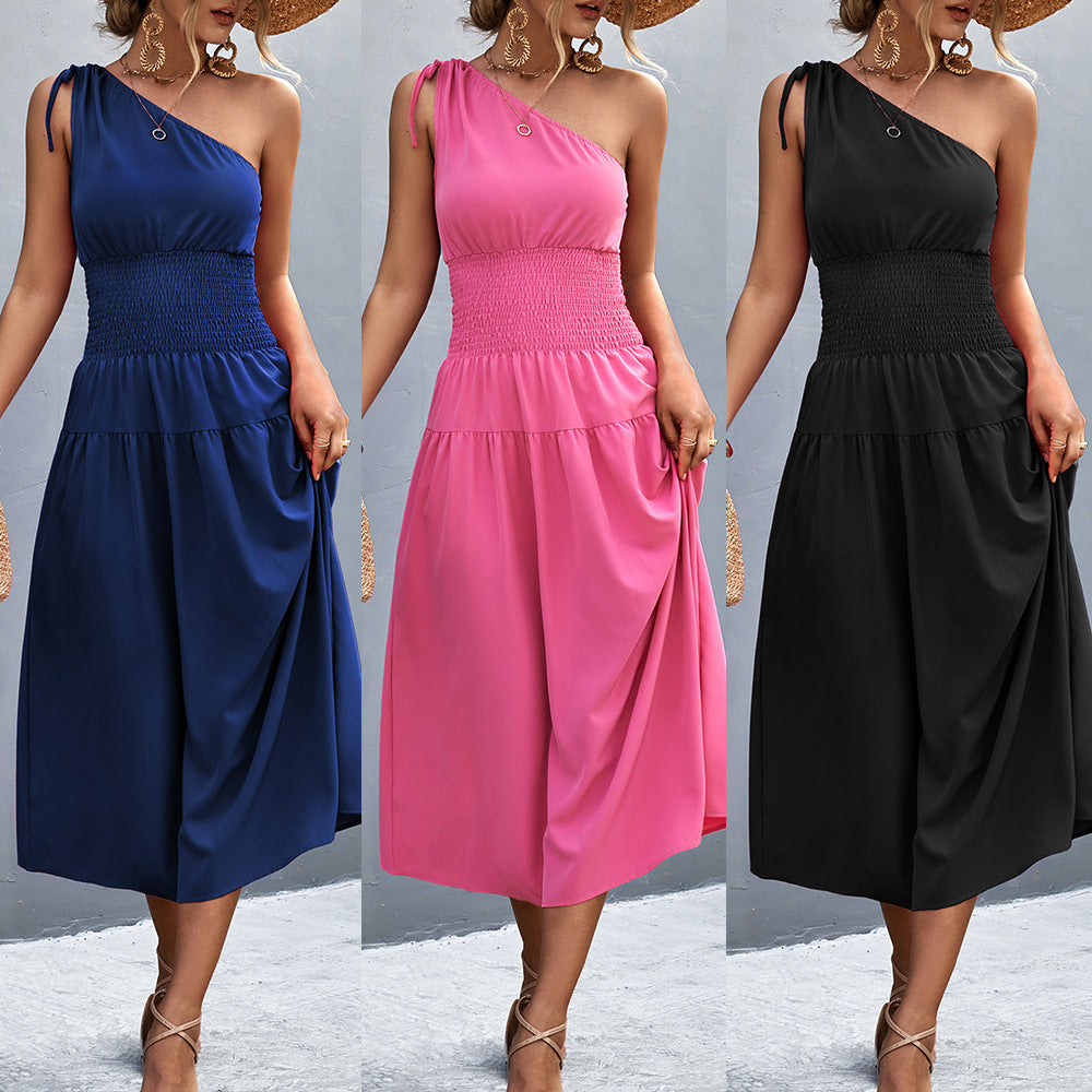 Damen Midikleid mit schnörkellosem Ein-Schulter-Design und elastischem Taillenband R&B