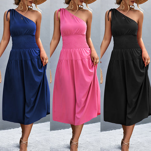Damen Midikleid mit schnörkellosem Ein-Schulter-Design und elastischem Taillenband R&B