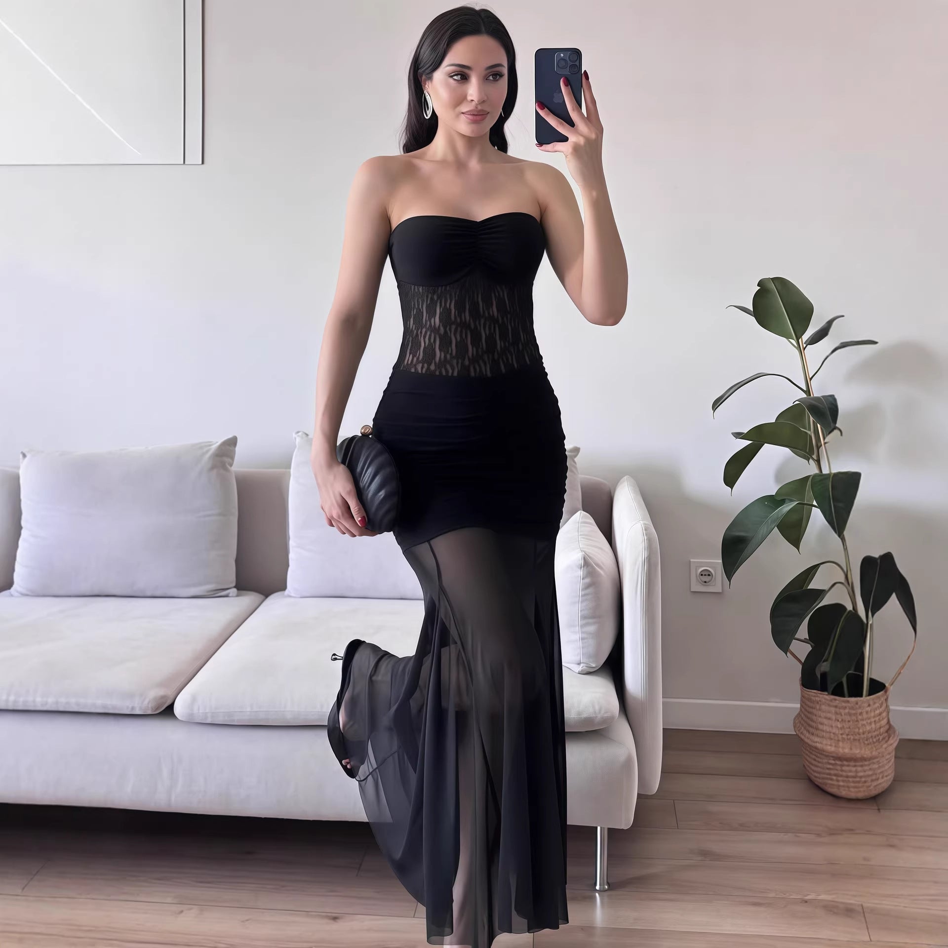 Damen Elegantes bodenlanges Kleid mit Spitzenakzenten R&B