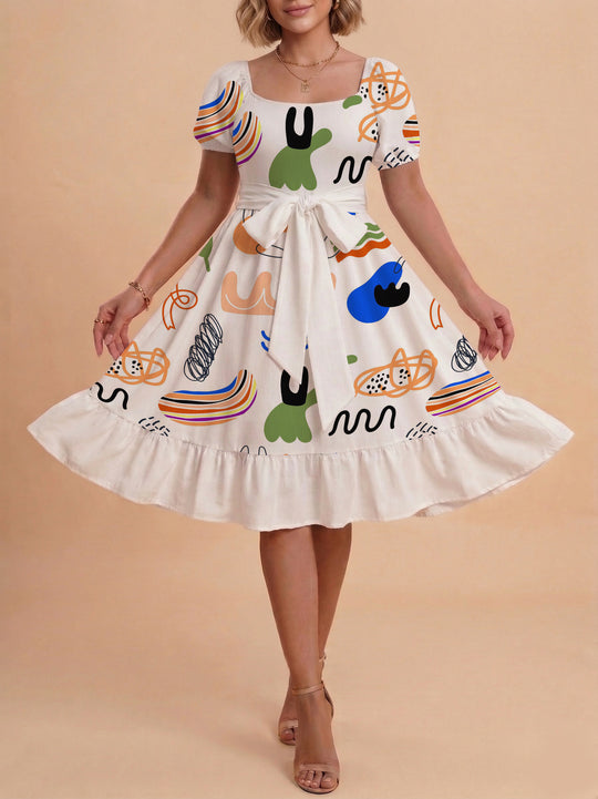 Damen Sommerkleid mit floralem Puffärmel und taillierbarem Gürtel R&B