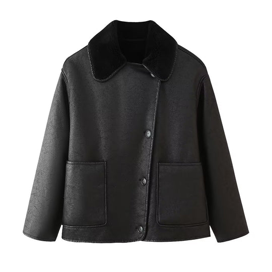 Damen Kunstlederjacke mit luxuriösem Fellkragen und praktischen Taschen R&B