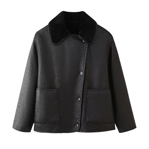 Damen Kunstlederjacke mit luxuriösem Fellkragen und praktischen Taschen R&B