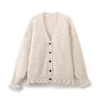 Damen lässige Strickjacke mit fransigem Saum und knöpfbarem Verschluss R&B