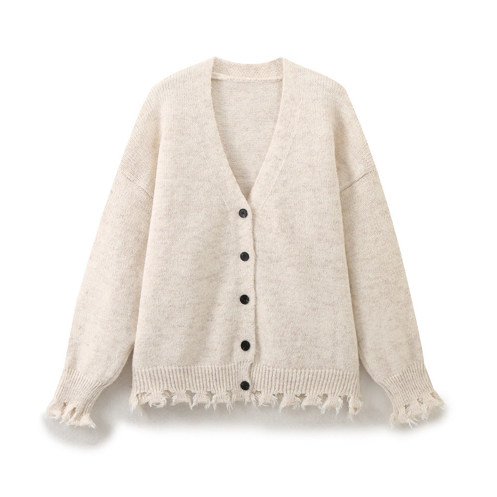Damen lässige Strickjacke mit fransigem Saum und knöpfbarem Verschluss R&B