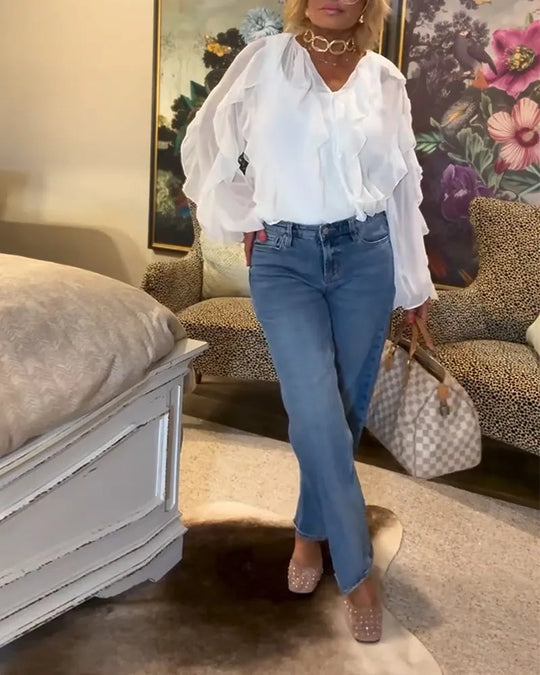 Damen nan semitransparente Lagenvolant-Bluse aus Chiffon mit Ballonärmeln und verdeckter Knopfleiste R&B